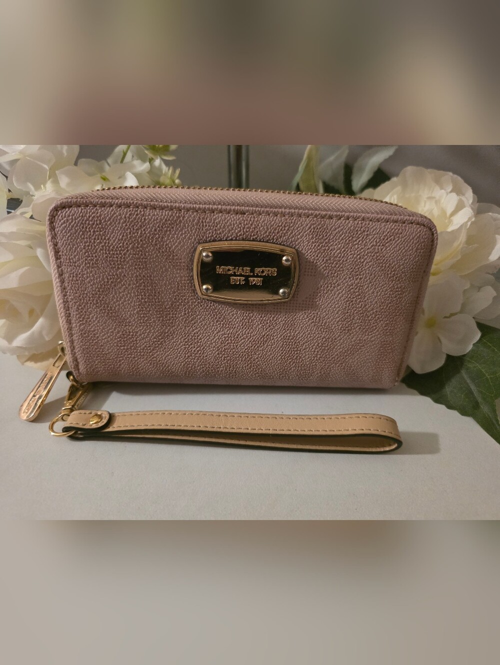 Michael Kors Pink Leather Zip Wristlet with Gold Plate
